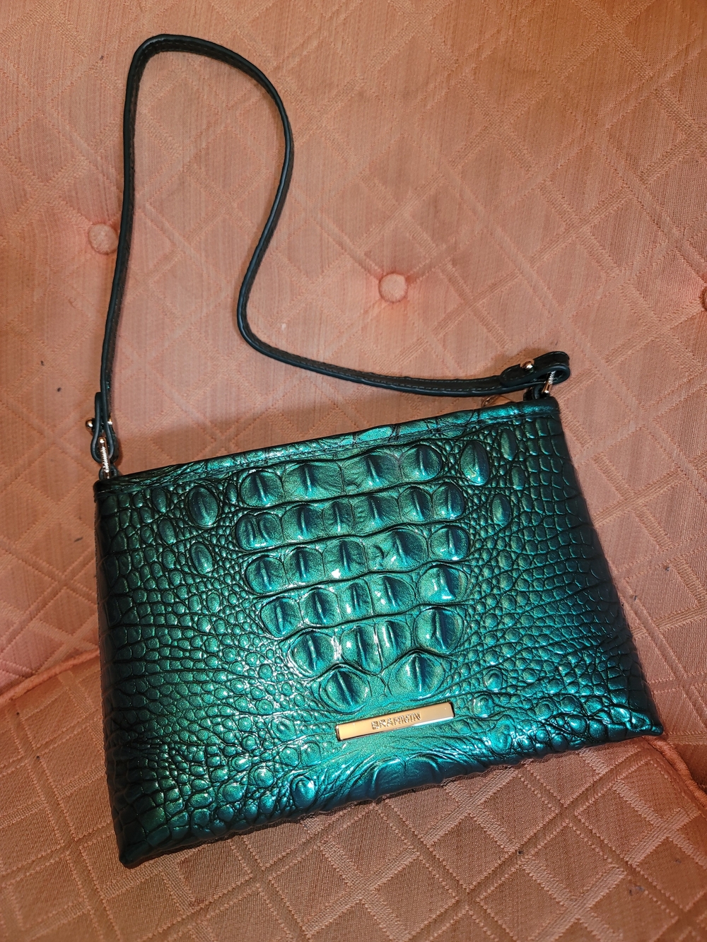 NWOT Brahmin Lorelei Croc-Embossed Metallic Teal Crossbody Bag